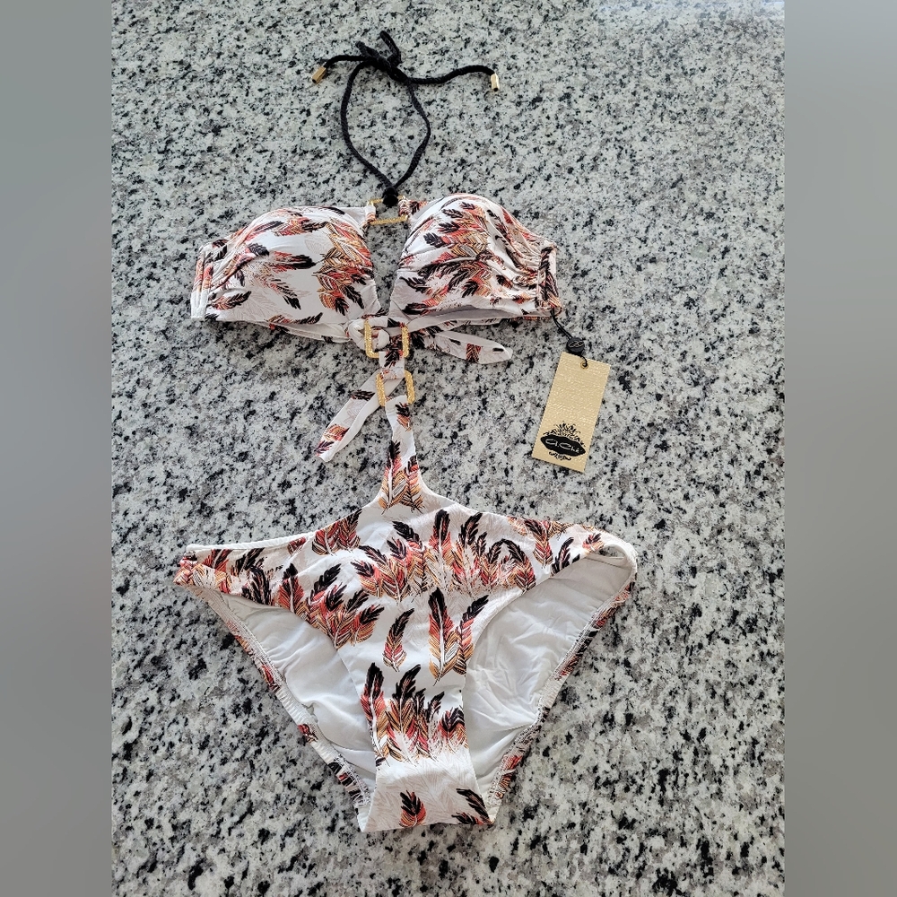 Feather-Print White Bikini Set - Womens Swim Bikini